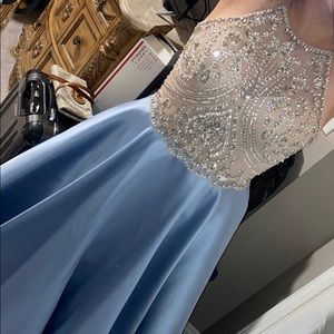 Studded satin blue prom dress